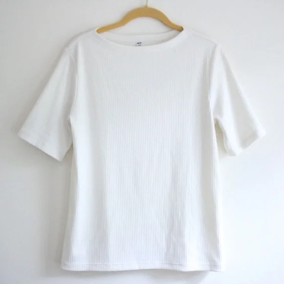 Uniqlo White Ribbed Half Sleeve Tee Shirt - Picture 1 of 6